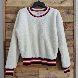 Evereve Kodi Sherpa Varsity Pullover Sweater Soft Faux Fur Fuzzy Cozy Sz Small